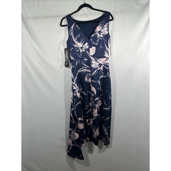 NWT $318 Kay Unger‎  [ 4 ] Emmaline Draped Floral Midi Dress Deep Navy Pink - Picture 13 of 15
